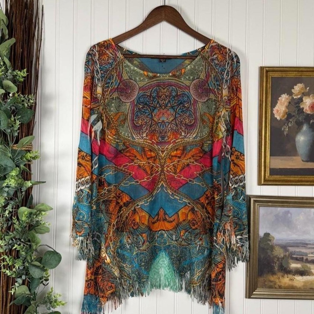 Mezhlayβ Sienna Rose Baroque Chain Print Fringe Tunic Top Medium Boho